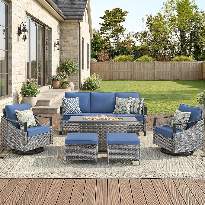 Outdoor Patio Furniture Set with 42.5" Fire Pit Table-6 Pieces All Weather Wicker Outdoor Furniture with High Back Swivel Patio Chairs Set of 2 Outdoor Patio Conversation for Deck Garden Blue/Gray