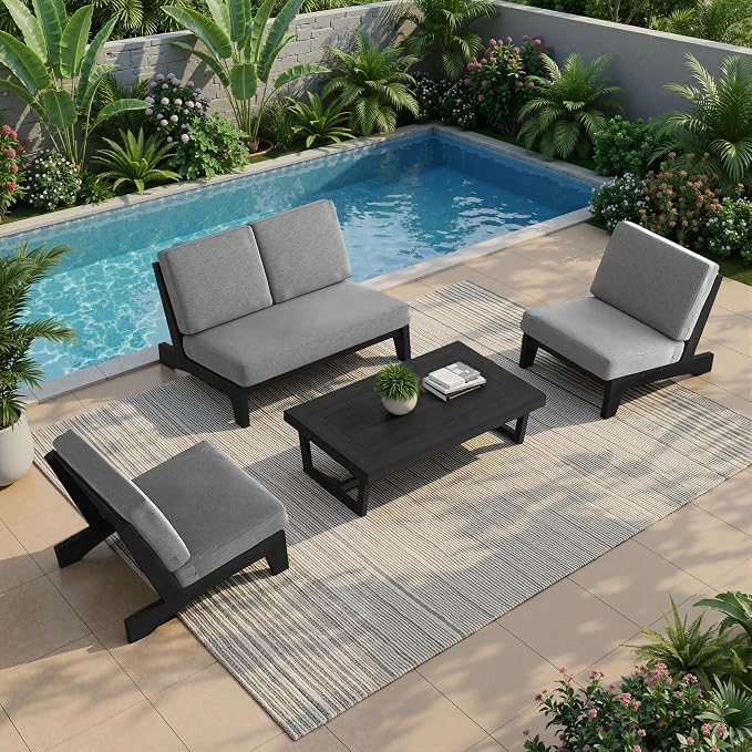 5 Pieces All Weather Black Wood Patio Furniture Sets, 2 Patio Loveseat, 2 Patio Bistro Chair, Outdoor Sectional Sofa Furniture Backyard Conversation Set with Coffee Table - Gray