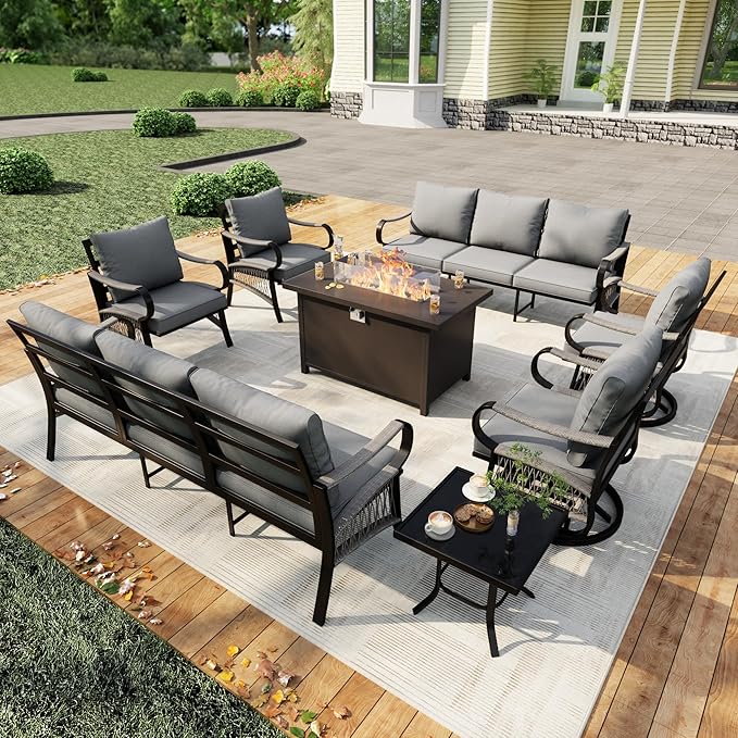 8 Pieces Patio Conversation Sets, All Weather Metal Outdoor Furniture Set 2 Three-Seater 2 Single Chairs 2 Swivel Rockers with Side Table and Fire Pit Table for Backyard Garden Deck Porch, Gray