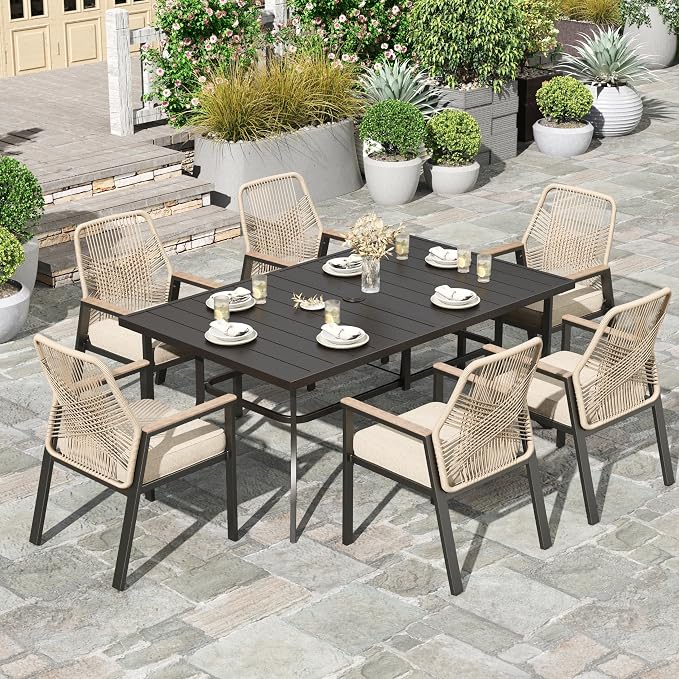 HERA'S HOUSE 7pc Patio Dining Set, 59" Metal Table & 6 Rattan Chairs | Rectangular table with umbrella hole, cushioned chairs. Waterproof, rust-resistant, all-weather for backyard, porch.