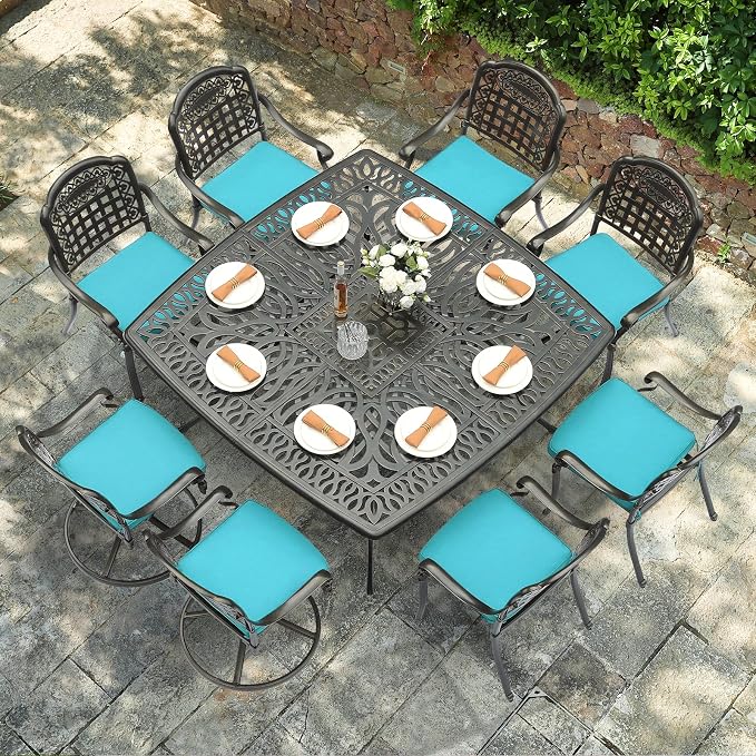 VIVIJASON 9-Piece Outdoor Dining Set, Cast Aluminum Patio Table & Chair Furniture Set for 8, Include 64" Square Dining Table, 2 Swivel Rocker Chairs, 6 Stationary Chairs, Umbrella Hole, Ocean Blue