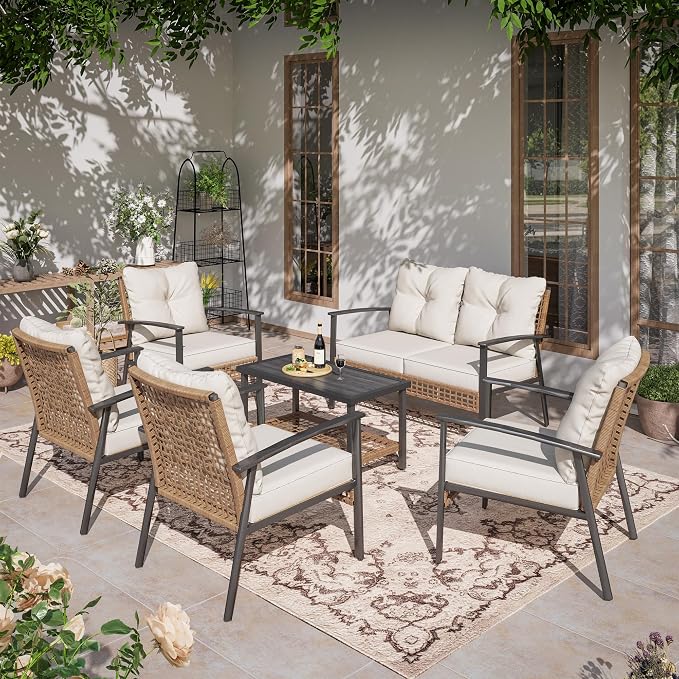 LAUSAINT HOME 6 Pieces Patio Conversation Set, Comfortable Oversized Outdoor Furniture Set with Soft Cushion and Storage Metal Coffee Table for Backyard, Porch, Garden and Poolside, Beige