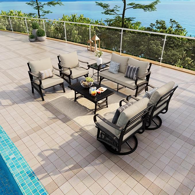 7 Pieces Patio Conversation Sets, All-Weather Metal Swivel Rocking Chairs with Rope Furniture Set, Outdoor Sofa Couch for Deck, Porch, Garden, Backyard, Poolside (Beige Cushions)