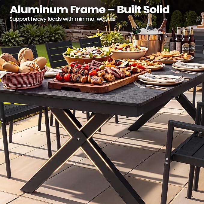 Pellebant Aluminum 13-Piece Outdoor Dining Table Set for 8-12 Person | Patio Stackable Chair with U-Shaped Wicker Backrest, 118" Table with Wood-Grain Top & Umbrella Hole, Aluminum Frame Furniture