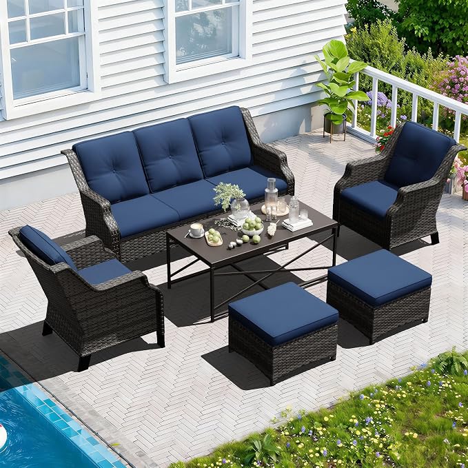 Outdoor Patio Furniture Set, 6 Piece Wicker Patio Furniture with Thick Cushions, Curved Armrest, Deep Seating, Rattan Outdoor Chairs for Porch, Deck, Balcony
