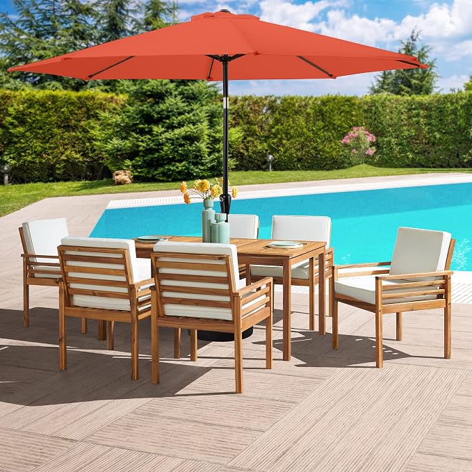 Alaterre Furniture Okemo 8 Piece Outdoor Dining Set with Umbrella - Solid Acacia Wood Outdoor Furniture Set with 63” Patio Table, 6 Patio Chairs, and 10ft Orange Umbrella