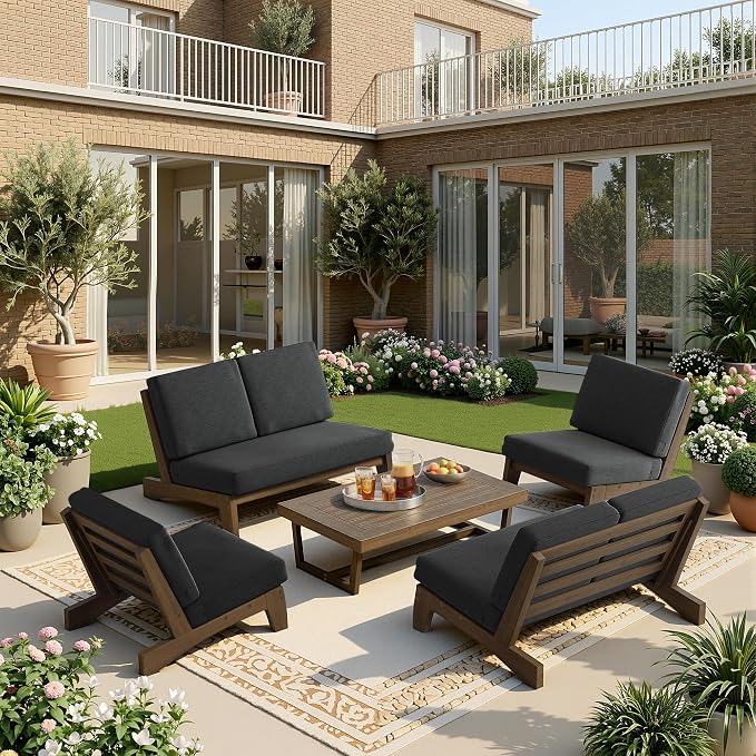 7 Pieces All Weather Wood Patio Furniture Sets, 2 Patio Loveseat, 4 Patio Bistro Chair, Outdoor Sectional Sofa Furniture Backyard Conversation Set with Coffee Table - Dark Gray
