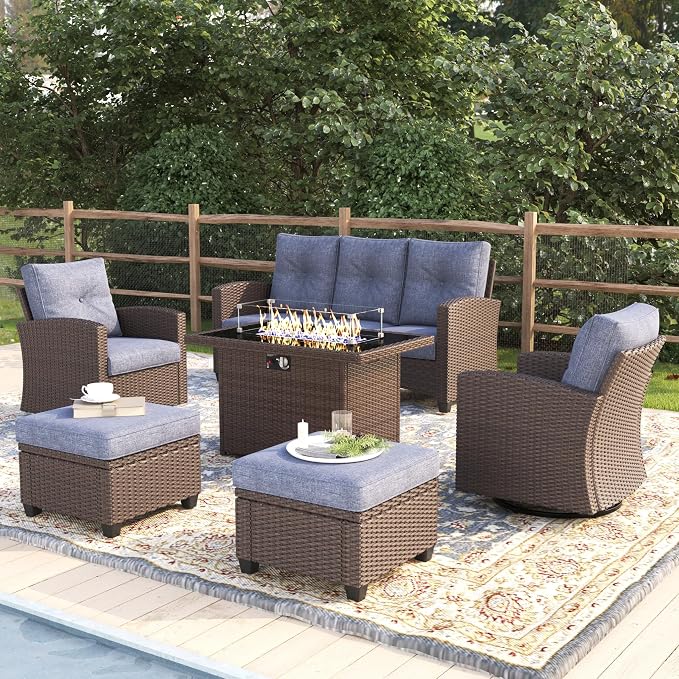 6 Pieces Patio Furniture Swivel Chairs Set with Fire Pit Table, Outdoor Wicker Glider Rocking Chairs with Sofa Set