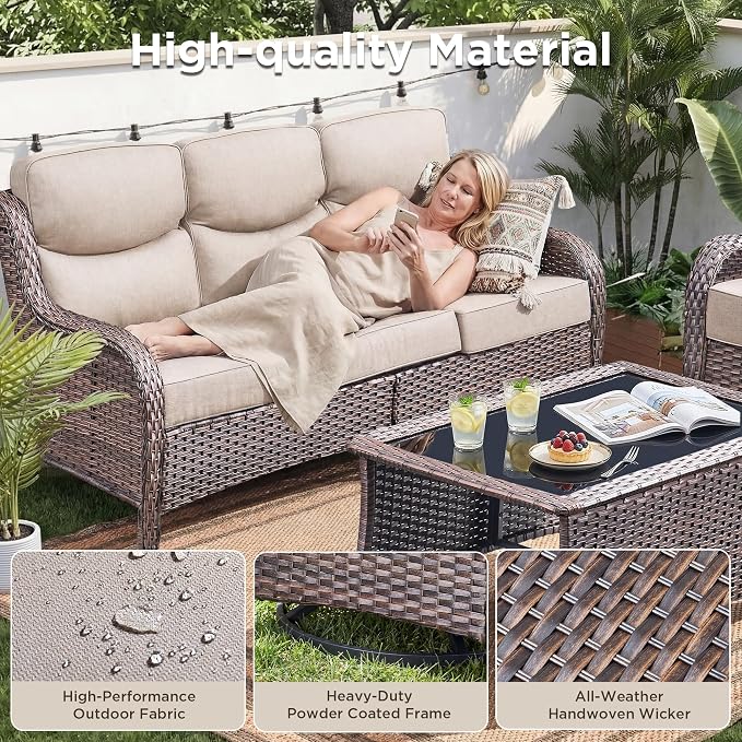 Luxury 4 Pieces Patio Furniture Set-Outdoor Swivel Rocker Patio Chairs with 6" Extra Thick Cushions, High Back Outdoor Couch and Coffee Table, Wicker Conversation Sets for Porch Deck(Brown/Beige)