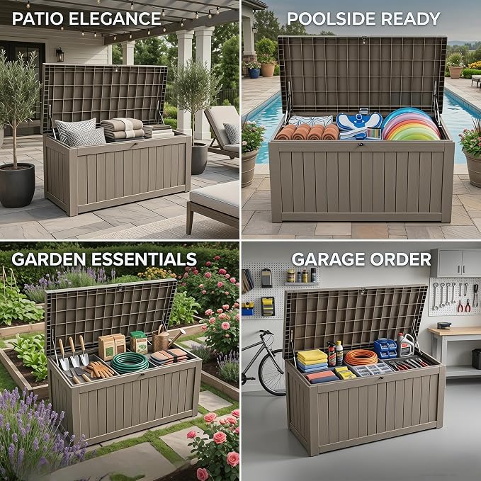 Large 258 Gallon Resin Deck Box, Heavy Duty Lockable Patio Storage Box Outdoor, Waterproof Tool Box for Garden Furniture Cushions & Pool Supplies, Wood Grain Outdoor Storage Bench for Backyard