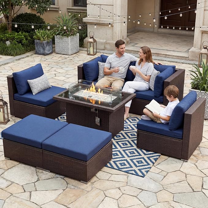 NICESOUL 7 Pcs Patio Conversation Set with Fire Table Natural Gas & Propane, 29.3'' High Backres Outdoor Sectional Sofa Sets, Large Deep Sitting Furniture for Exteriors, Brown Rattan and Blue Cushion
