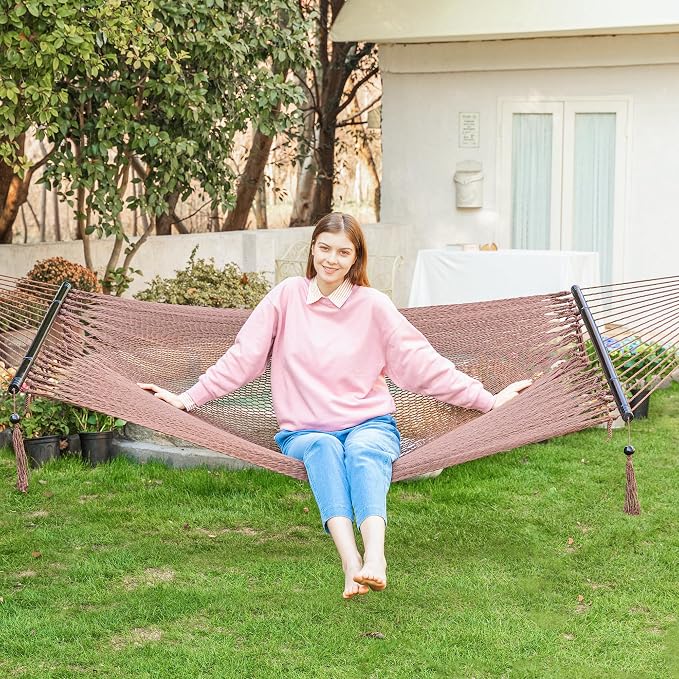 PNAEUT Double Rope Hammocks for Outside, Handwoven Double Caribbean Hammock with Spreader Bar for Outdoor Indoor, Max 600 lbs Capacity (Mocha)