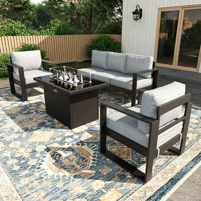 4 Piece Modern Aluminum Patio Furniture Set with Fire Pit Table, Outdoor Patio Sectional Conversation Metal Seating Sets with Olefin Cushion