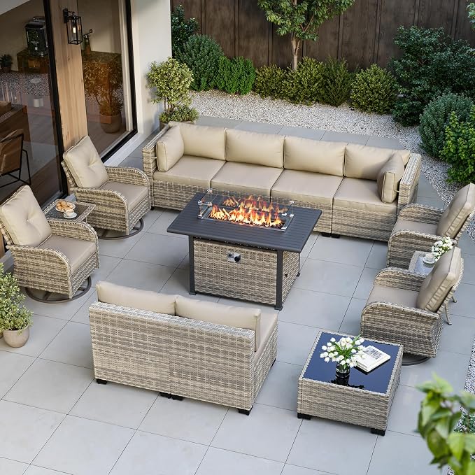 14-Piece Outdoor Patio Furniture Set with Rocking Swivel Chair, Wicker Rattan Sectional Sofa Conversation Set with 55,000 BTU Fire Pit Table, Backyard Furniture, Beige