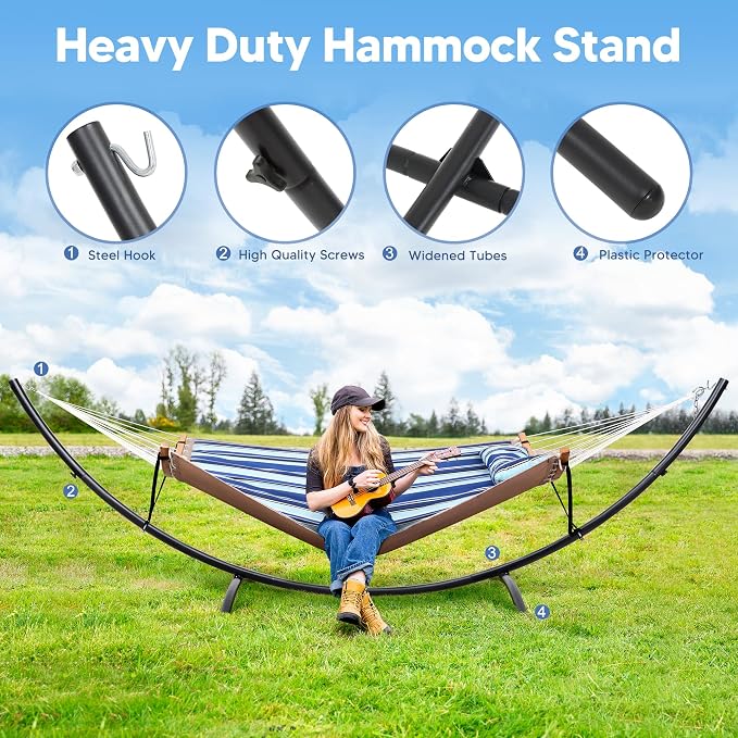 SUNCREAT Portable Outdoor Hammock with Stand, Double Hammock with Stand for Outside, Patent Pending, Blue & White