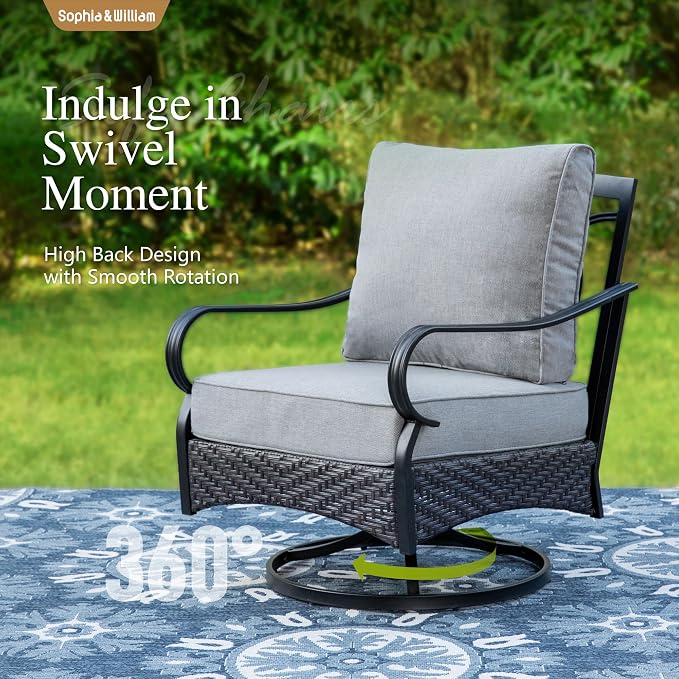 Sophia & William Patio Furniture Set with 56" Fire Pit Table, Metal Outdoor Conversation Set Patio Sectional with 3-Seater Sofas, 2 Rocking Chairs, 2 Ottomans, 1 Firepit Table for Porch Deck, Grey