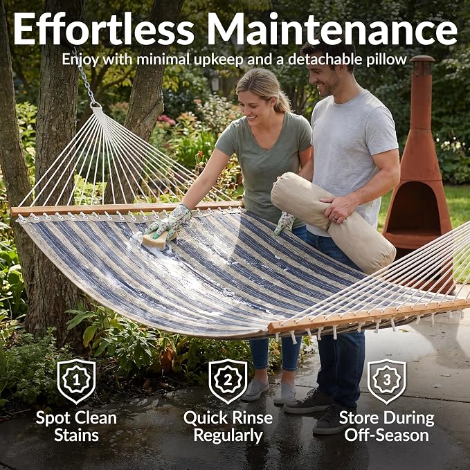 Sunnydaze Quilted Double Hammock for Outside with Spreader Bars and Pillow - 450 lb Capacity, 74x55 Inch Bed, UV Resistant, Quick Dry - Chains Included, Stand Sold Separately - Mountainside