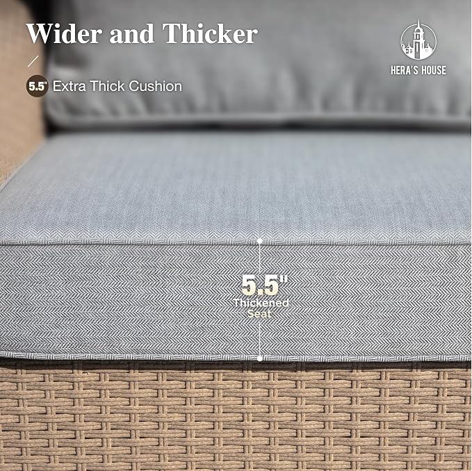 HERA'S HOUSE Patio Furniture Set, 4 x Cushioned Chairs, 3-Seat Sofa with Wood Grain Coffee Table, 5 Seats Luxury Windsor Style All Weahter Outdoor Sofa Conversation Set for Deck Lawn Backyard