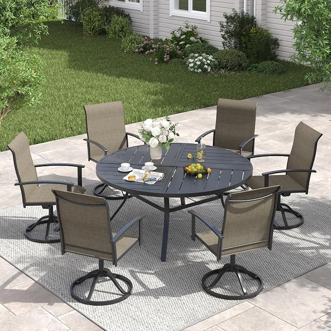 VICLLAX Outdoor Table and Chairs Set of 6, Metal Patio Dining Set-50.1" Round Dining Table and 6 Swivel Chairs for Deck, Lawn and Garden, Black Table and Mixed Brown Chairs