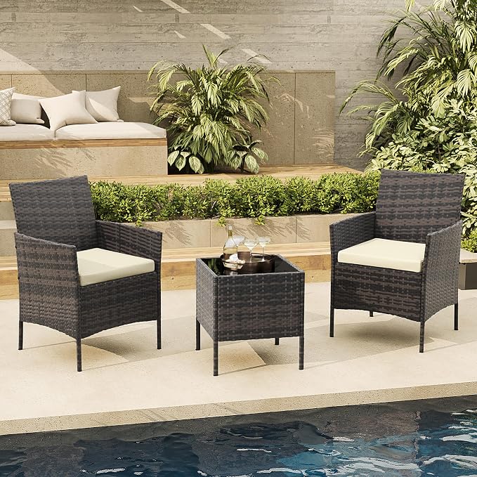3-Piece Outdoor Furniture Set, PE Rattan Wicker Chairs with Soft Cushions & Tempered Glass Coffee Table - All-Weather Patio Set for Garden, Backyard, Porch, Poolside (Gradient Brown/Beige)