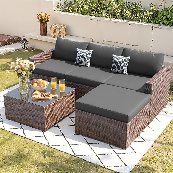 UDPATIO 5 Piece Patio Furniture Set, All-Weather Wicker Outdoor Sectional Sofa,Rattan L Shaped Outdoor Conversation Patio Sectional with Ottoman, Glass Table for Balcony Porch Backyard,Grey