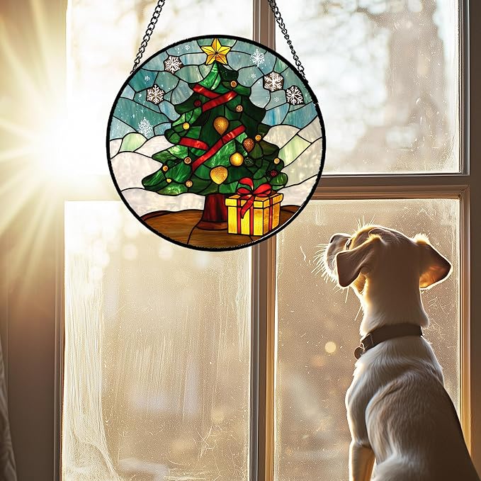 DASTOLL Stained Glass Window Hanging Green Christmas Tree Snowflake 6.3" - Suncatcher Door Garden Sun Catcher Xmas Holiday Decor Birthday for Mom Men Woman Friend Nana