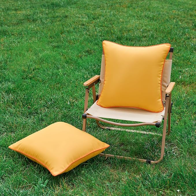 LIGICKY Pack of 2 Yellow Outdoor Waterproof Throw Pillow Covers Decorative Orange Edge Square Pillows Cushion Case Outside Pillowcase for Patio Couch Tent Sunbrella (20x20 inch)
