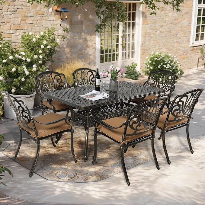 7-Piece Outdoor Patio Dining Set, 60” Rectangular Cast Aluminum Dining Table with Umbrella Hole and 6 Outdoor Dining Cushioned Chairs, Patio Funiture Set for Backyard, Patio, Garden