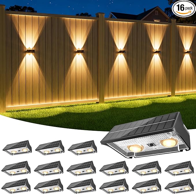 NIORSUN Solar Fence Lights Outdoor, 16 Pack Up and Down Waterproof Solar Wall Lights, Fence Lights with Lens, Warm & Cool White + RGB, Dusk to Dawn Lighting for Patio, Backyard, Pool, Railing (Black)