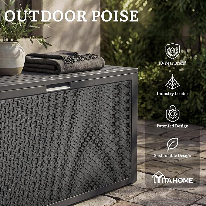 YITAHOME 95 Gallon Outdoor Storage Deck Box, Waterproof Resin Deck Box w/Handles, Lockable Outdside Deck Box for Patio Furniture, Garden Tools, Lockable & UV Resistant(Dark Gray)