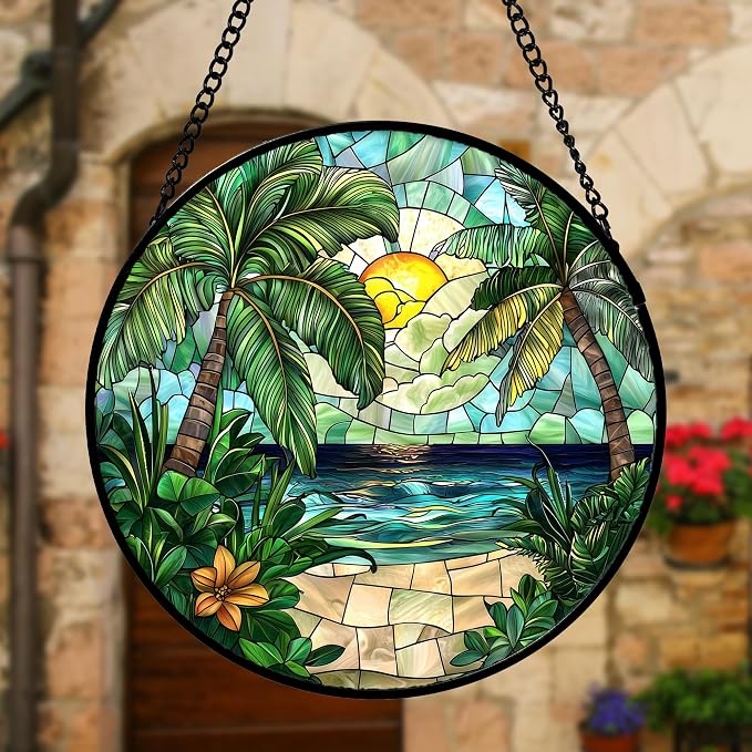 DASTOLL Stained Glass Window Hanging, Green Beach Scenery Suncatcher Diamond Glass Panel Hangings Sun Catchers Decor for Birthday for Women, Men, Wife, Aunt, and Mom 7.8 in