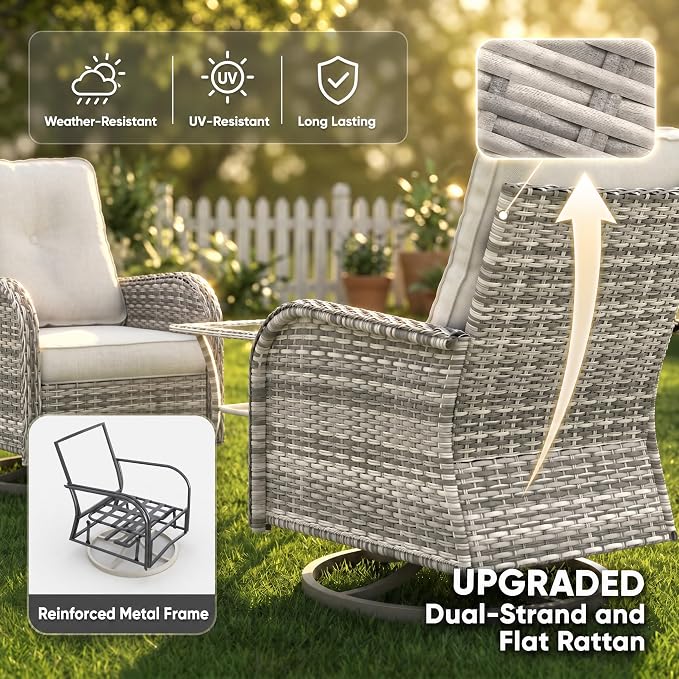 8-Piece Small Patio Furniture Set, Outdoor Swivel Rocking Chairs Set with Ottomans, Patio Bistro Set for Balcony, Deck, Porch,Ivory