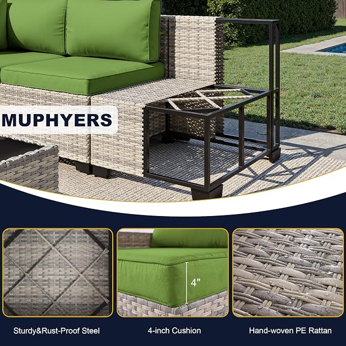 11-Piece Outdoor Patio Furniture Set with Rocking Swivel Chair, Wicker Rattan Sectional Sofa Conversation Set with 55,000 BTU Fire Pit Table, Backyard Furniture, Avocado Green