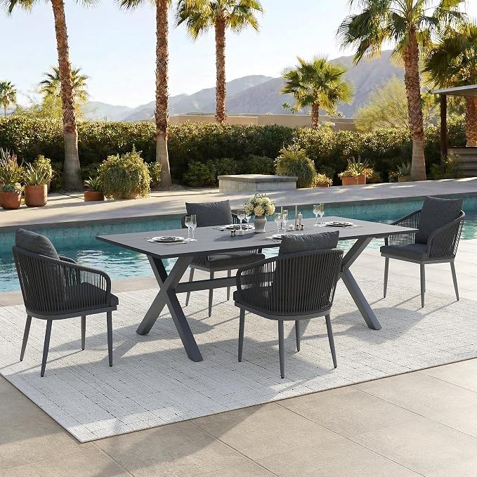 5-Piece Patio Dining Table Sets, Woven Wicker Dining Set with Rectangular Aluminum Table and Dining Chairs Modern Outdoor Dining Furniture Set for Outdoors and Indoors