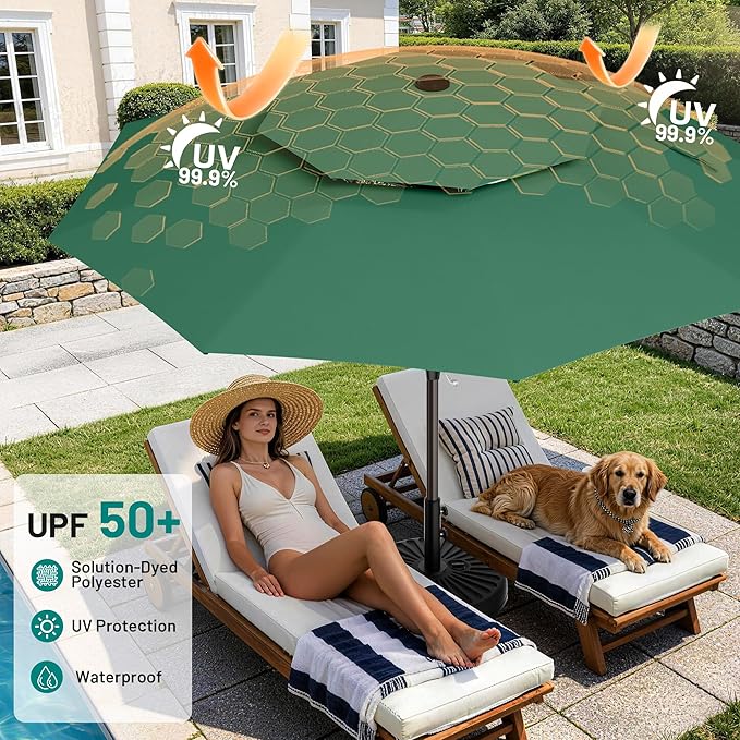 AreShark 12ft 2 Tiers Patio Umbrella - Outdoor Umbrella Waterproof UV Protection, Market Table Umbrella w/ 8 Sturdy Ribs&Crank for Pool, Porch, Garden(Dark Green)