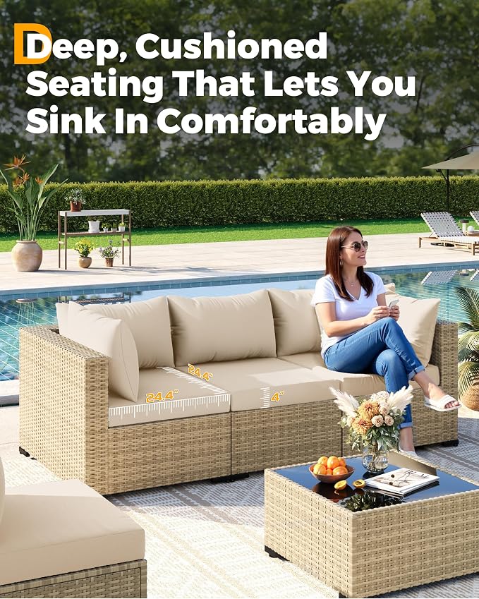 UDPATIO Patio Furniture Set with Fire Pit Table, 8 Piece Sectional Sofas All-Weather Wicker Conversation for Garden, Backyard, Beige