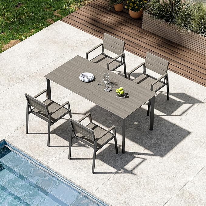 Outdoor Dining Set for 4, Aluminum Patio HDPS Outdooor Table and Chairs Set with Umbrella Hole, All Weather Patio Furniture Set, 5 Peice Patio Dining Table Set (Classic Gray)