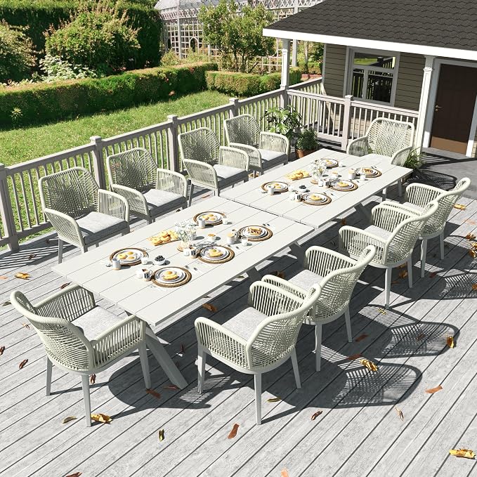 LayinSun Outdoor Dining Set for 10, 12 Pieces Patio Furniture Sets with Aluminum Dining Table and Rope Weave Chairs