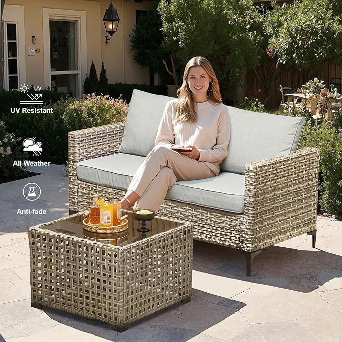 Outdoor Patio Furniture Sets,9 PCS Patio Conversation Set Outside Rattan Sectional Sofa with 42 in Square Fire Pit Table Wicker Rocking Chair Coffee Table Fit Backyard Garden Poolside Balcony