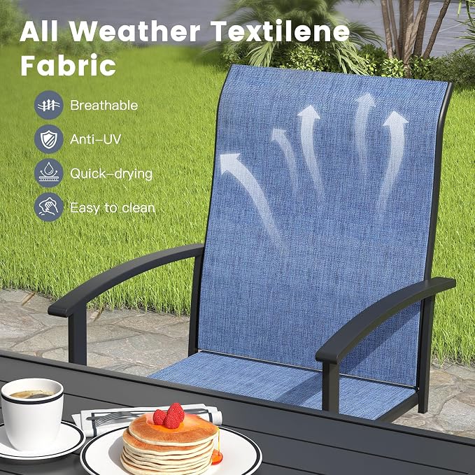VICLLAX 7 Pieces Patio Outdoor Dining Set, 6 Swivel Textilene Chairs and 50" Round Metal Table with Umbrella Hole for Porch, Deck, Garden, Black/Dark Blue