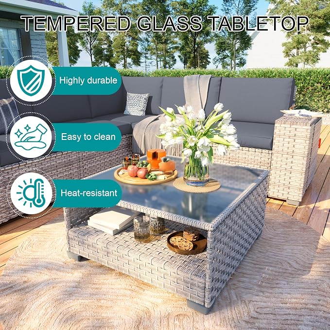 6-Piece Patio Furniture Set, Outdoor Extra Wide Armrest Modular Patio Sofa, Dual-Strand Rattan Wicker, Rust-Resistant Frame, Backyard High Back, Large Seat Furniture for Porch Garden Balcony, Grey