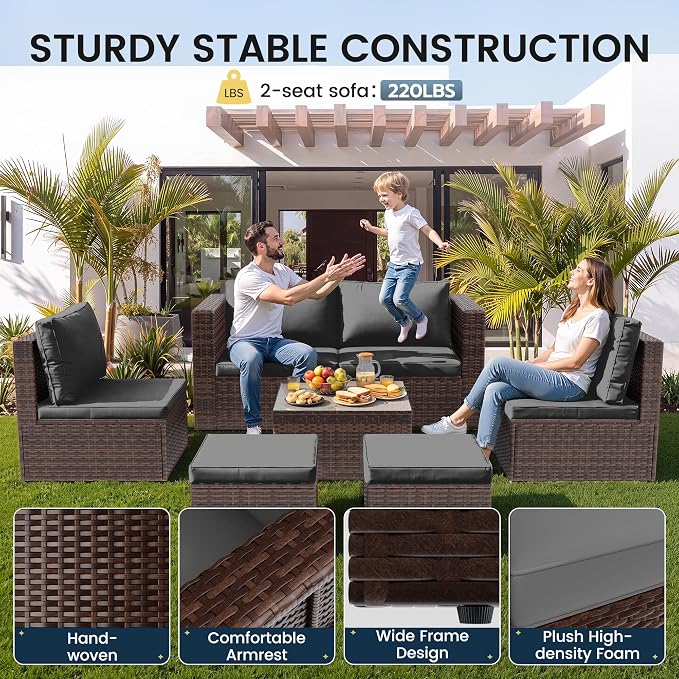 Amopatio Patio Furniture Set with Fire Pit Table, All-Weather Wicker Outdoor Conversation Sofa Set with Glass Coffee Table, Cushions & Ottomans for Deck Backyard Porch Lawn Brown/Dark Grey