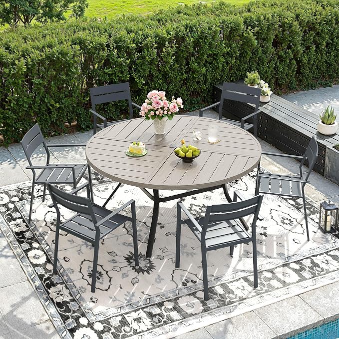 DIFY 7 Piece Outdoor Patio Dining Set for 6, 50" Round Dining Table with Umbrella Hole and Stackable Metal Chairs, Patio Table and Chairs Set for Backyard Garden Poolside, Grey Wood-Like & Grey