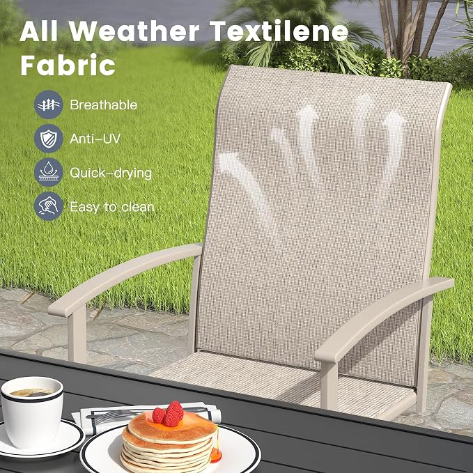 VICLLAX 5 Pieces Patio Outdoor Dining Set, 4 Swivel Textilene Chairs and 40.6" Round Metal Table with Umbrella Hole for Porch, Deck, Garden, Sandshell