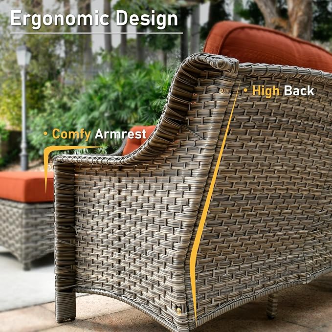 HOOOWOOO 6 Piece Patio Furniture Sets with Fire Pit Table,Outdoor Wicker Furniture Set,All Weather Resistant Outside High Back Rattan Conversation Set for Out Door(Orange Red)