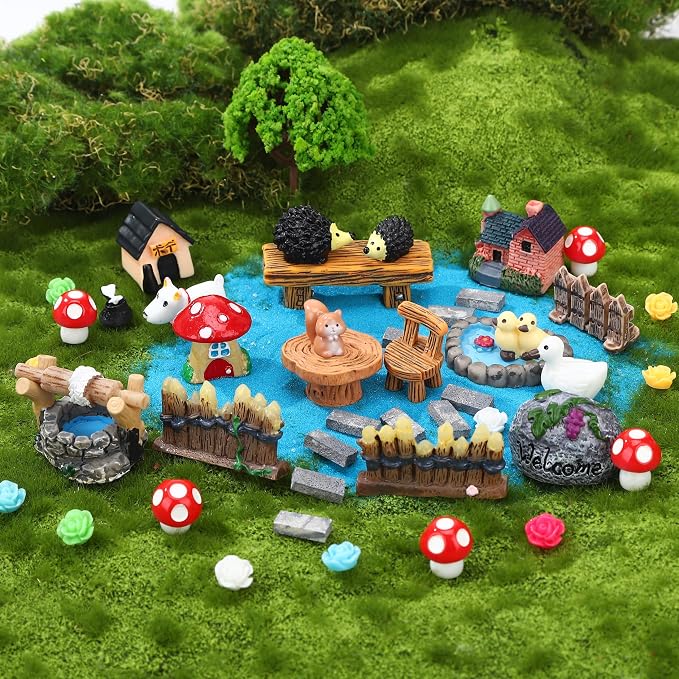 45 Pcs Fairy Garden Accessories Miniatures Garden Kit with Animals, Mushroom House & Trees Miniature Accessories for Terrarium, Dollhouse & Outdoor Decor