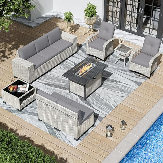 10-Piece Outdoor Patio Furniture Set, Modular Sectional Sofa Set with Swivel Rocker Chairs & Fire Pit, Wicker Outdoor Couch Conversation Sets w/Coffee Table and Cushions, Gray