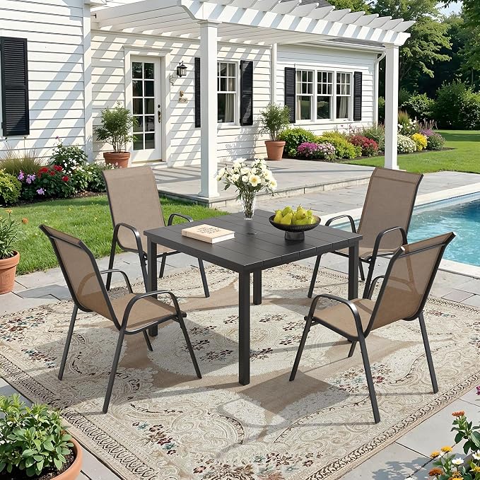 DIFY 5 Piece Outdoor Dining Set, 40" Black Square Metal Patio Table and Brown Textilene Stackable Chairs for 4, All Weather Patio Furniture Set with Umbrella Hole for Backyard Garden Deck