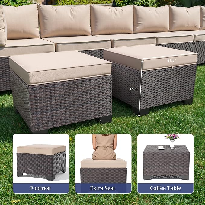 10 Pieces Outdoor Patio Furniture Set,Outdoor Sectional Furniture with 43" 55000 BTU Gas Propane Fire Pit Table,All Weather PE Rattan Wicker Patio Conversation Set with 2 Ottomans,Sand