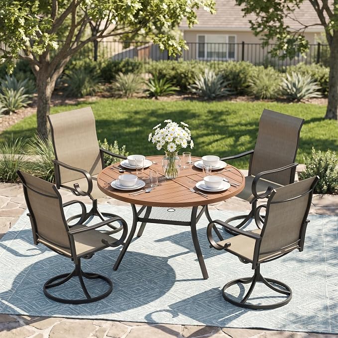 5 Pieces Patio Dining Set, 4 Outdoor Swivel Dining Chairs with 40.7" Round Metal Outdoor Dining Table with Umbrella Hole for Garden Backyard Deck, Mixed Brown & Walnut
